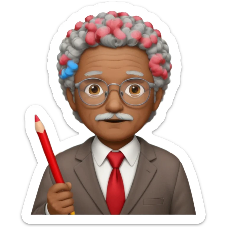 old man teacher, brown skin, curly grey white hai, wearing glasses, brown suit, red tie hold chalk on hand sticker