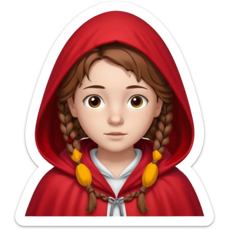 a 12 year old girl with fair skin, freckles, and brown hair done in French braids that come down to her breasts. she has a red hooded cape with the hood drawn. she has big, brown eyes and normal eyebrows sticker
