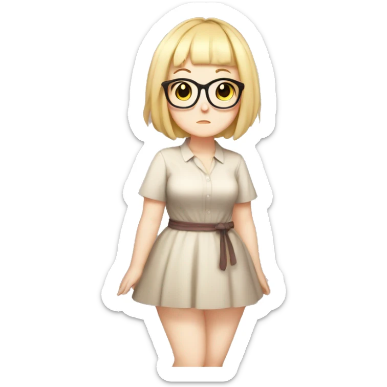 Chubby anime girl with glasses and short blond hair, full body wearing cute dress sticker