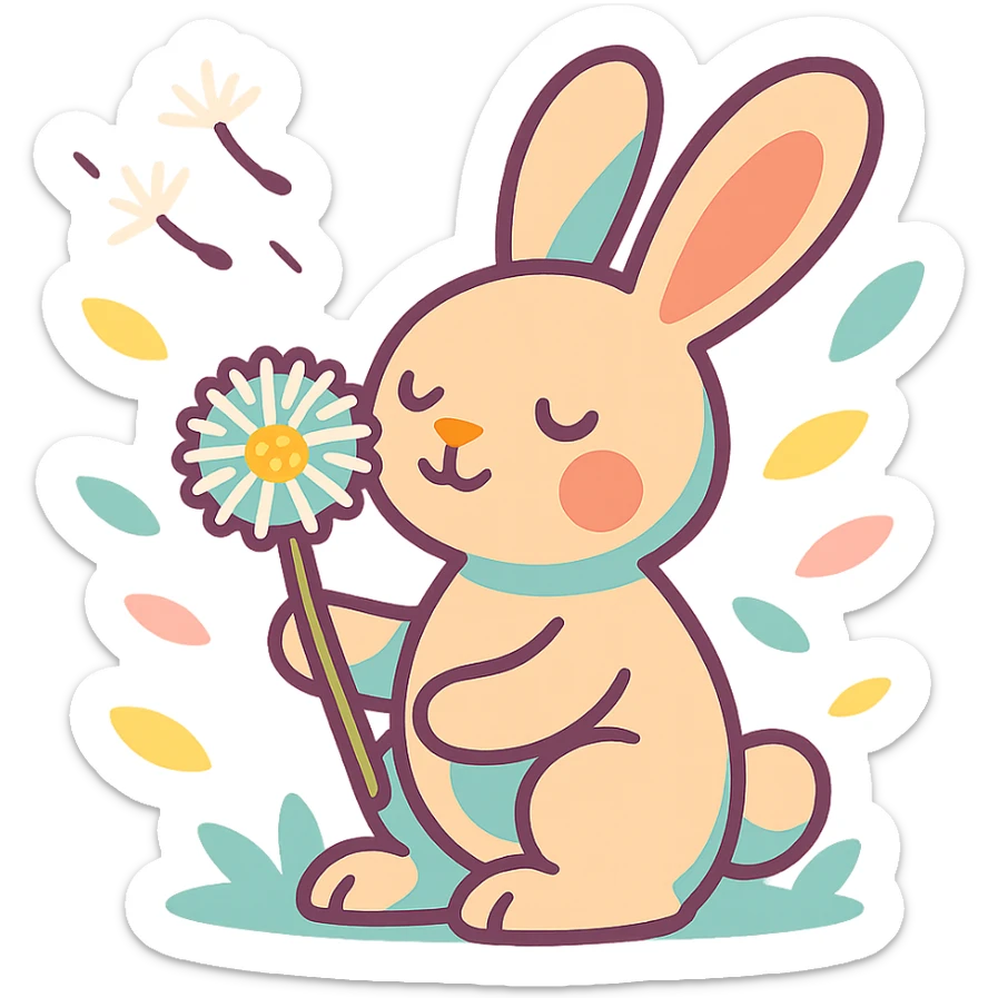 bunny holding a dandelion in the breeze, gentle spring vibe, soft pastel colors, transparent background, vibrant toon style sticker