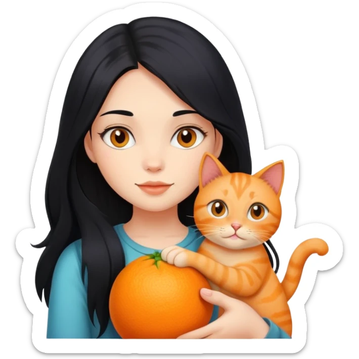 girl with long black hair holding an orange cat sticker