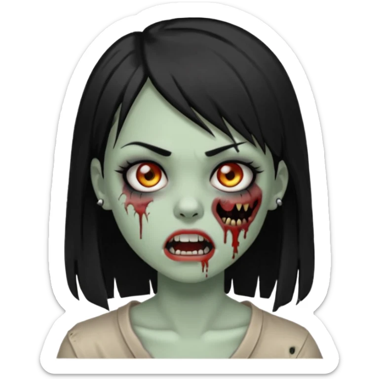 zoombi girl cabelo liso preto franja de lado cabelo partido de lado risquinho na sobrancelha e um piercing na sobrancelha um piercing no nariz sticker