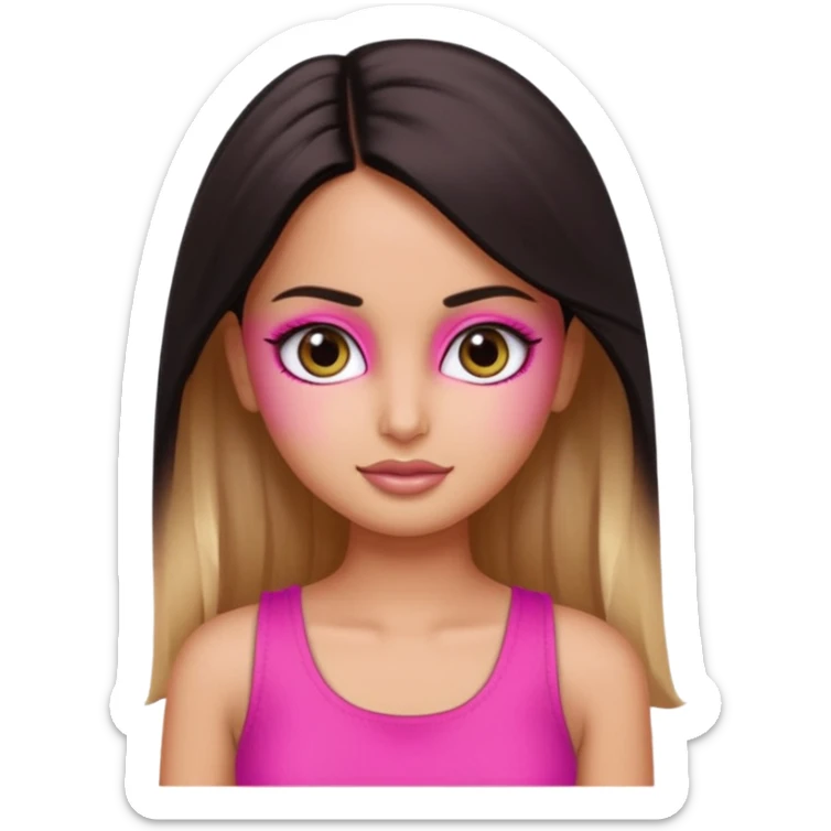 a pretty bratz emoji that looks like katrina kaif with straight side part hair wearing a neon pink sleeveless top sticker