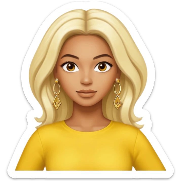 Beyonce brown eyes, long platinum blonde hair, yellow outfit with earrings sticker