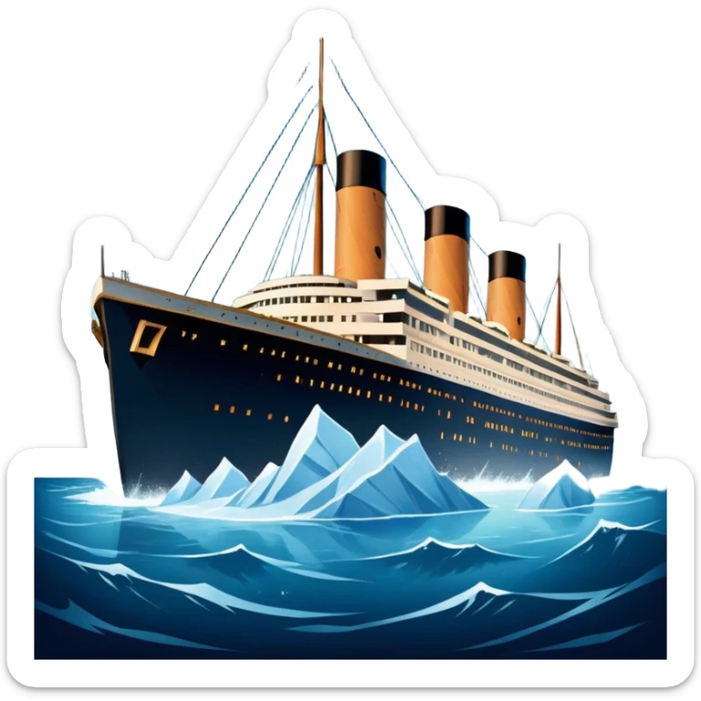Icon for Titanic Movie: A vintage movie poster-style design featuring a dramatic scene of the ship, the iceberg, and a romantic silhouette of the main couple. Include elements like the ship’s bow, water splashes, and a starry sky in the background. Retro cinematic feel. Transparent background. sticker