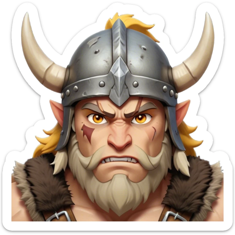 Clash of Clans aesthetic: Cinematic Fierce Barbarian Portrait Emoji, Poised and bold with a rugged yet cartoonish build in tattered furs and a horned helmet, expressive bright eyes and a confident smirk, Simplified yet dynamic features, highly detailed, glowing with a vivid, adventurous aura, high shine, heroic and spirited, stylized with an air of medieval warrior charm, focused and energetic, soft glowing outline, capturing the essence of a fearless barbarian adventurer ready to lead his clan with spirited valor! sticker