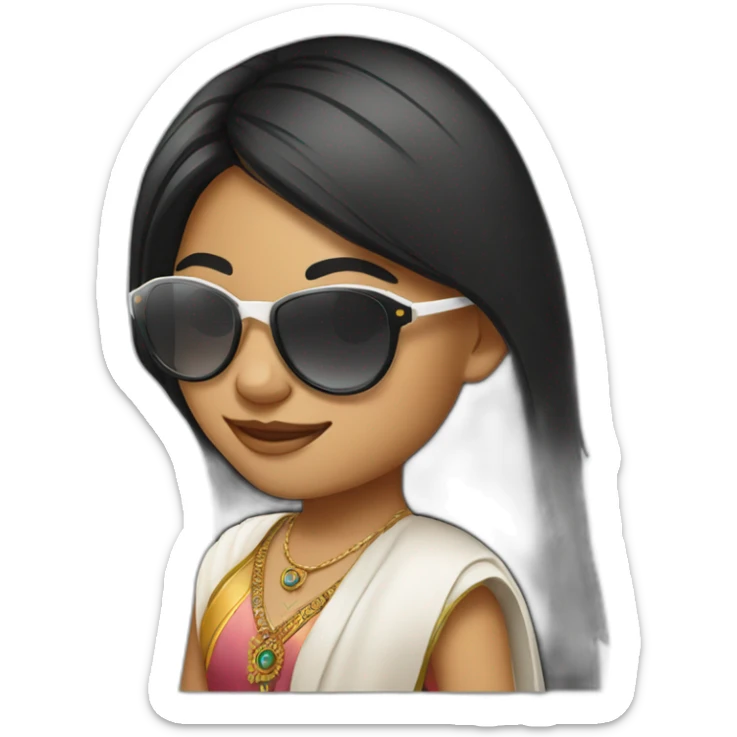 Cute white smiling long black straight hair indian girl wearing round sunglasses sticker