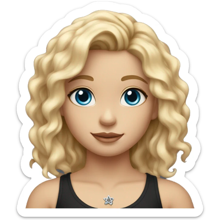 A girl with wavy blonde hair, blue eyes and a black tank top and a silver star of david necklace sticker