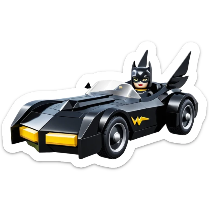  aerodynamic opulent dark knight futuristic concept Catwoman Batgirlmobile loosely based on 1977 Mustang roadster racing Lego (flat long straight faceted mechanical body) winged stealthy street hot rod  sticker
