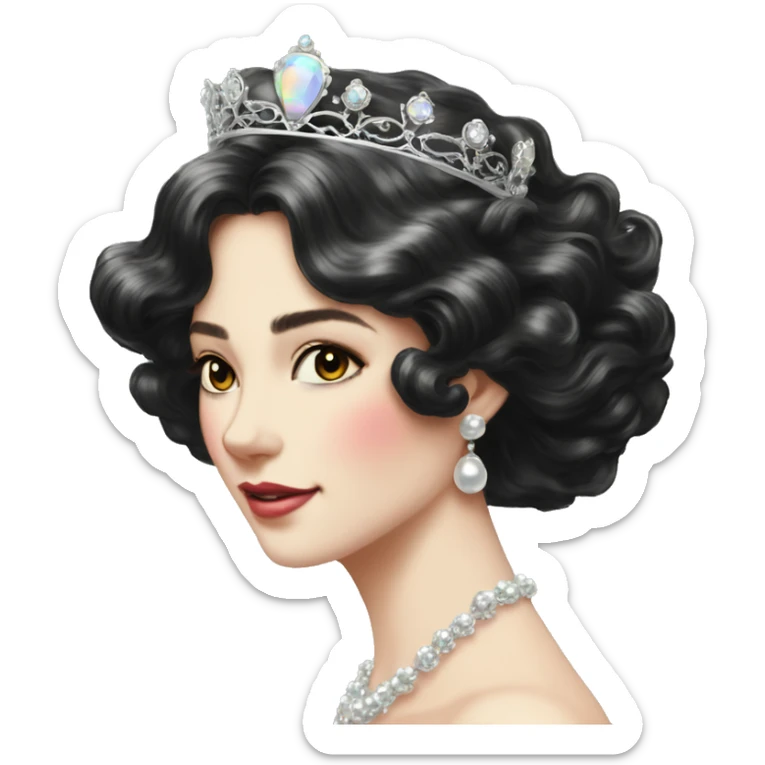 Regal pretty lady crown vintage with long iridescent black and silver hair wavy black hair pearl crown iridescent sticker