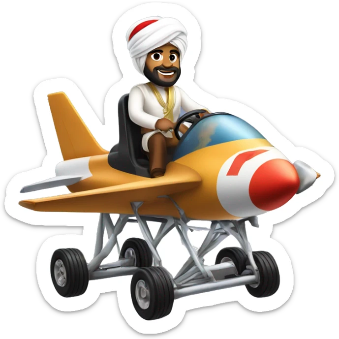 turban Middle East man in traditional  outfit riding on top of tiny Boeing 747 like go kart sticker