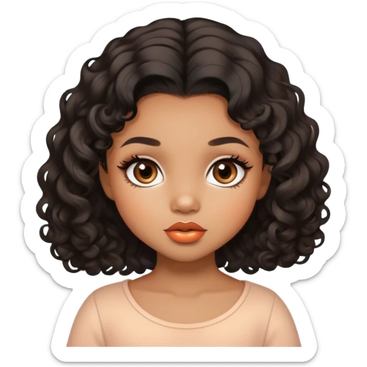 Glamourous, light brown skin tone, very beautiful toddler, with big plump peach-beige lips, long long lashes, black curly smooth short hair, straight parting hair, brown eyes sticker