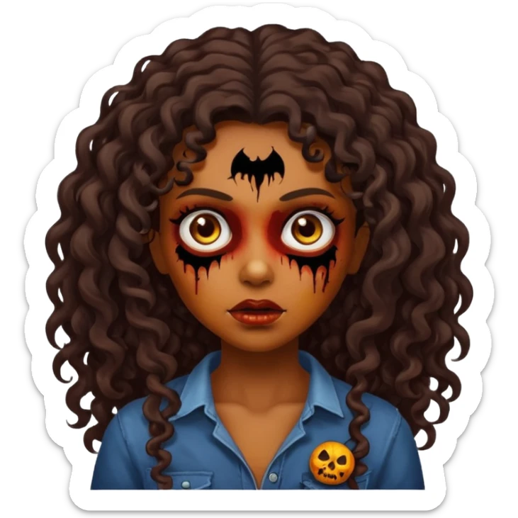 menina morena, cabelo cacheado longo e castanho escuro com rosto de zumbi. sticker