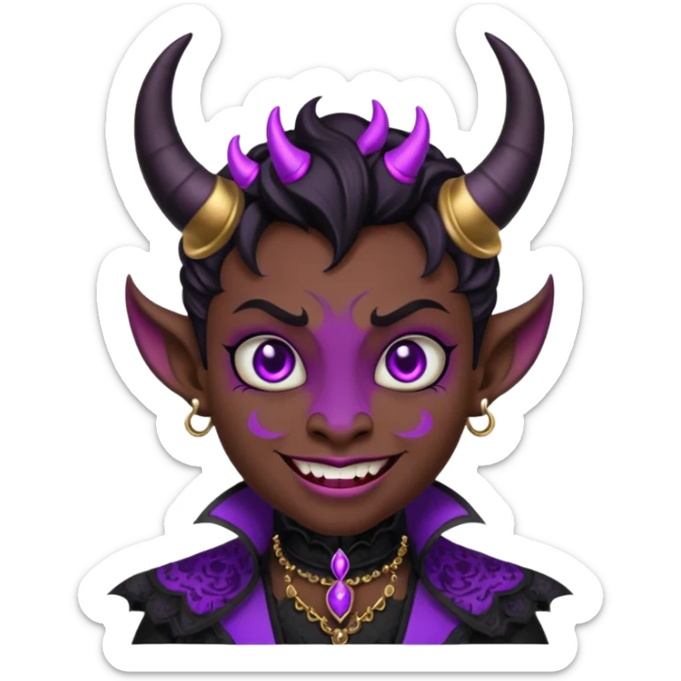 devil emoji in gothic style with black and purple colors, small horns, mysterious grin, Victorian influence sticker