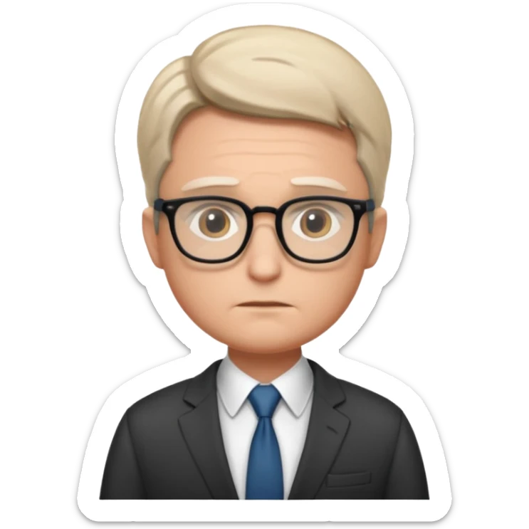 Illustrate Gus in a business suit with glasses, hands folded & serious gaze. sticker