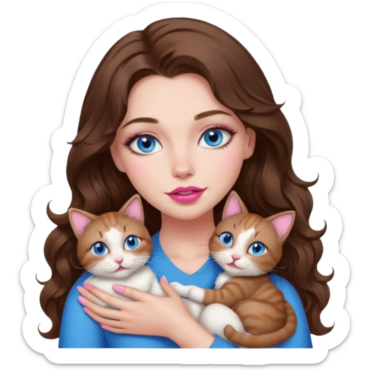 girl with long wavy brown hair, blue eyes, long lashes makeup, sexy pink lips, cuddling with 6 cats sticker