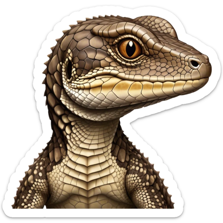 Cinematic Noble brown camo spotted monitor Lizard Portrait Emoji, Poised and regal, with a robust, scaled body exhibiting striking, mottled patterns and piercing, alert eyes, Simplified yet sharp and sophisticated features, highly detailed, glowing with a soft, earthy glow, high shine, intelligent and formidable, stylized with an air of ancient wilderness, focused and commanding, soft glowing outline, capturing the essence of a watchful and confident reptilian guardian that appears ready to stride out of the screen with effortless authority! sticker