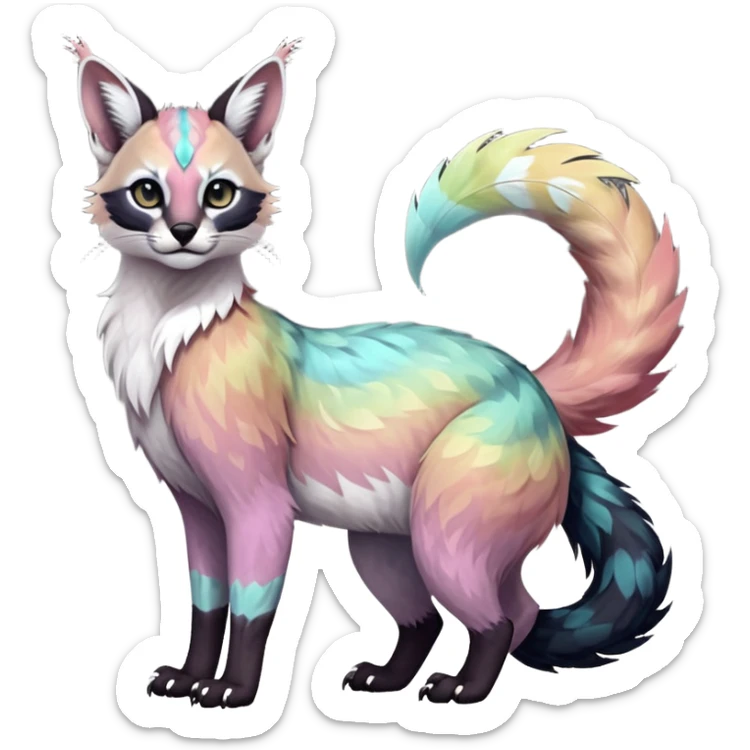 Colorful dark tropical feathery tribal pale light fruity pastel white glorious iridescent divine exotic cute cool beautiful beautiful fantasy-caracal-civet-genet-sergal-vernid-Gryphon-Cacomistle-Trico-oncilla-animal-Fakémon-hybrid-fursona (full body) sticker