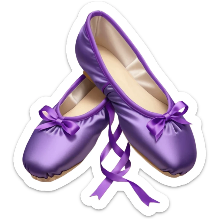cinematic-realistic-ballet-shoes,-soft-satin-purple-pointe-shoes-with-delicate-ribbons,-resting-gently-on-a-polished-wooden-floor,-subtle-creases-in-the-fabric,-glowing-under-the-warm-golden-light-of-a-rehearsal-studio,-evoking-ele sticker