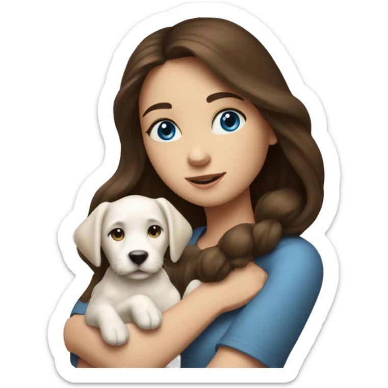 brunette girl with blue eyes holds a puppy of a very long white dog in her arms sticker