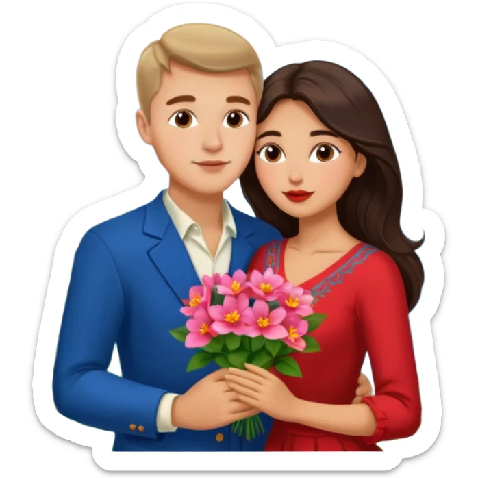 Kissing Couple traveling in Montenegro russian man and elegant  Latina girl delicate flowers and mountains in the background  sticker