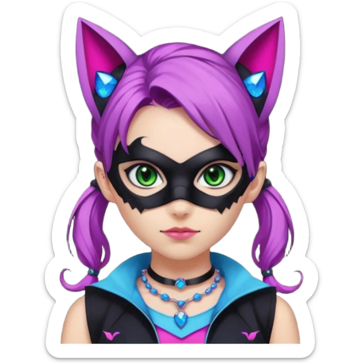 Girl with green eyes, wearing a bat mask with pink stones, and her hair tied in a ponytail, the hair is purple, blue, and pink streaks, with black cat ears with pink stones, wearing a black shirt that covers the neck, and a sleeveless blue jacket, and a necklace of pink stones sticker