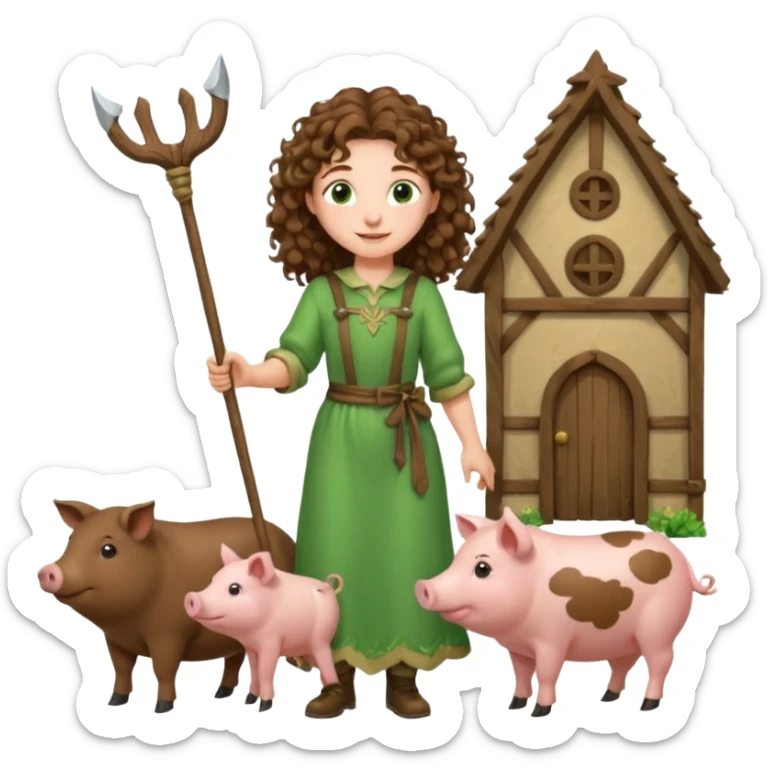 happy young shepard, long curly brown hair, in green magical outfit, with wooden shepard stick in hand, taking care of pigs sticker