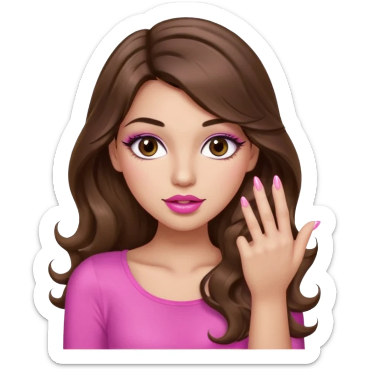 girl with long wavy brown hair, brown eyes, light to medium complexion, in a pink sexy top, pink lips, long lashes, puckered lips, showing my manicure one hand sticker