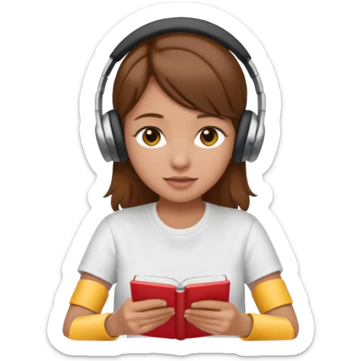 brown-haired girl wearing white t-shirt, headphones, studying, apple emoji style, no background, no text sticker