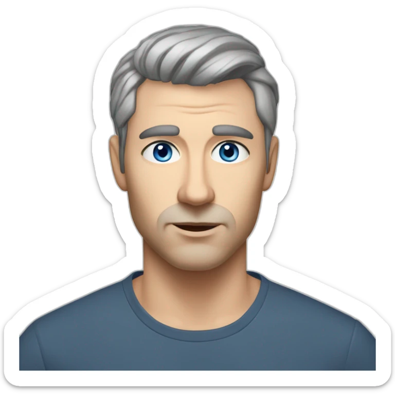 Scandinavian man, age in 40s, blue eyes, dark grey hair, short hair on the sides, more hair on the top large lips, slim face, dark tshirt, light eyebrows, no beard sticker