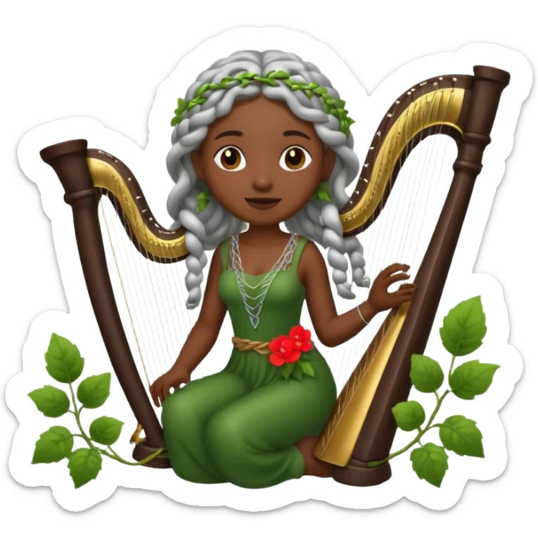 forest emoji character, dark skin woman with silver braids playing harp made of vines sticker