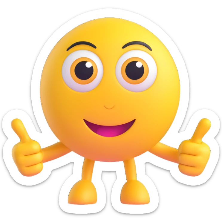 A yellow round emoji character with big eyes and a confident smile, clearly pointing both index fingers at itself. Strong “ME!” expression. Bold cartoon style, isolated on white sticker