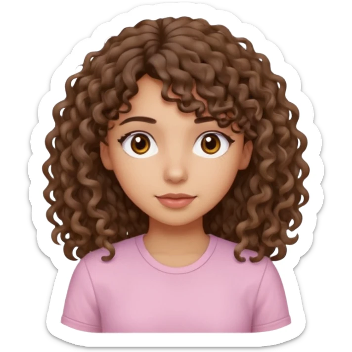 A Latina girl with brown eyes and long loose curly hair with curly bangs with a light pink shirt sticker