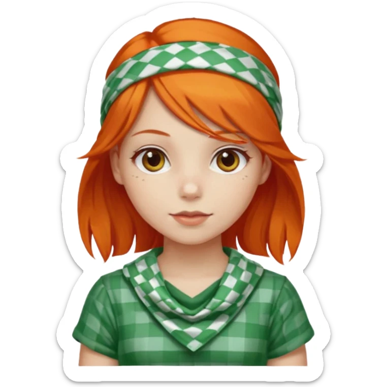 girl orange hair, wear red and white checkered bandana, green dress sticker