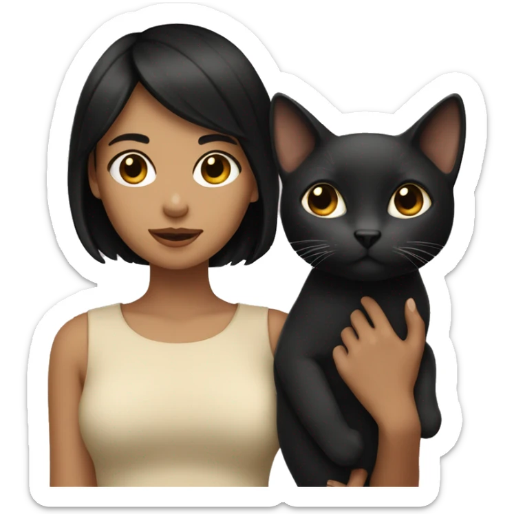 A girl with short black hair holding a beige cat sticker