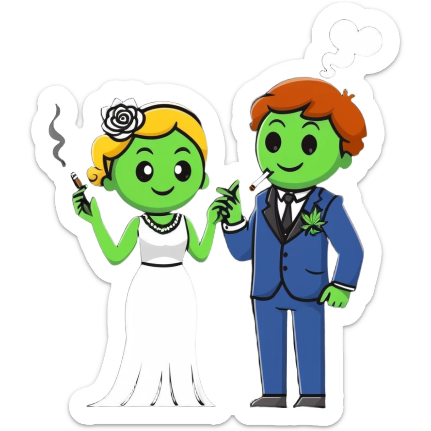 Full body view of person in fancy clothes sneaking into a wedding ceremony with a mischievous grin, uninvited guest, smoking cannabis sticker