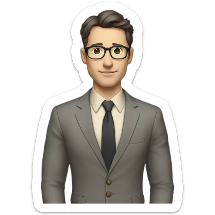 Full height Pale skinned Fit Man With dark brown hair in classic gray suit, beige office shirt, dark gray tie, and vintage glasses. Thrumbs of his palms directed up sticker