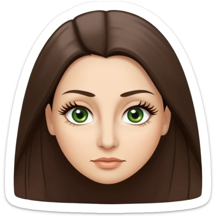 40 year old Adult woman avatar, light skin tone, oval face, long straight ashy brown hair, green almond-shaped eyes with dramatic eyelashes and minimal eyeliner, neutral mouth, medium straight eyebrows, small nose, smooth skin sticker