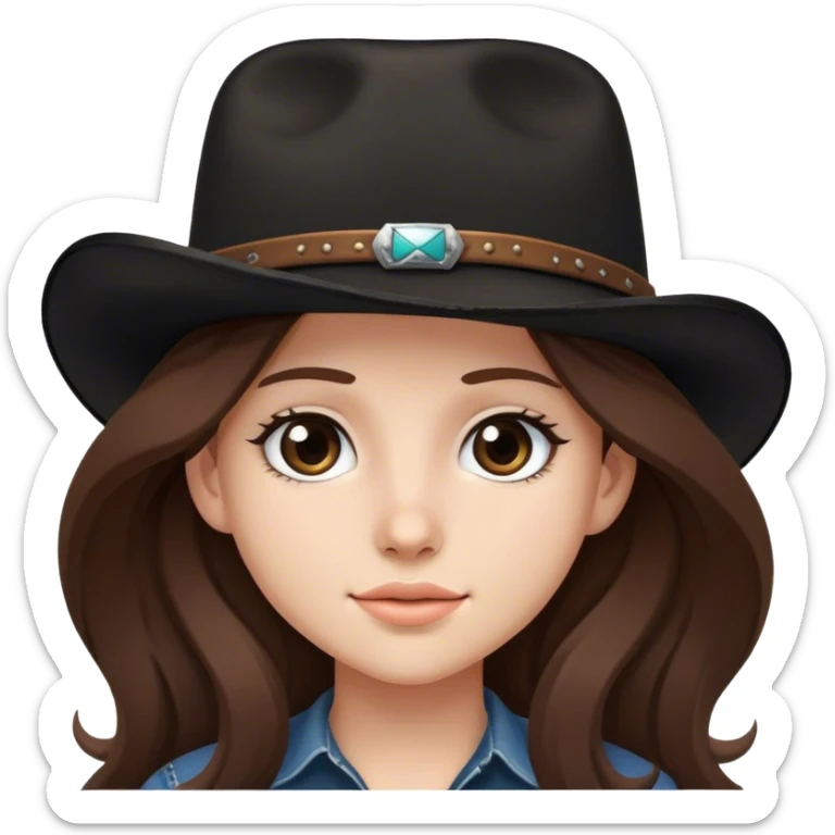 Long brown hair teen girl with black cowboy hat sticker