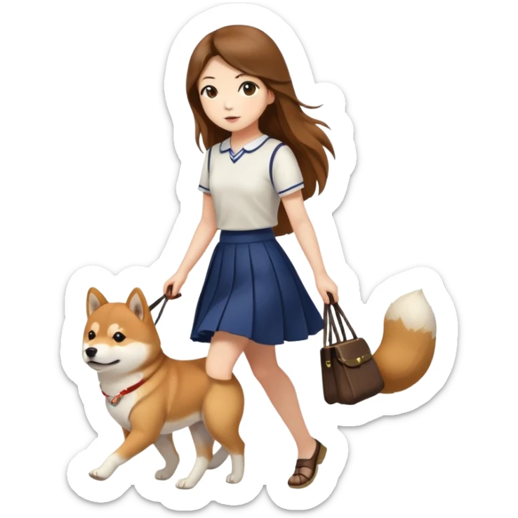 A girl with long brown hair and a skirt walking a Shiba Inu sticker