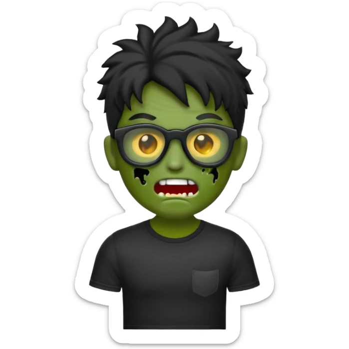 Crie um zumbi estilo emoji do iPhone com cabelo ondulado masculino com camiseta preta e óculos de grau preto sticker
