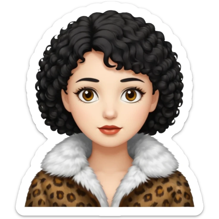 A woman with short curly black hair, brown eyes, white skin and wearing a fur coat sticker
