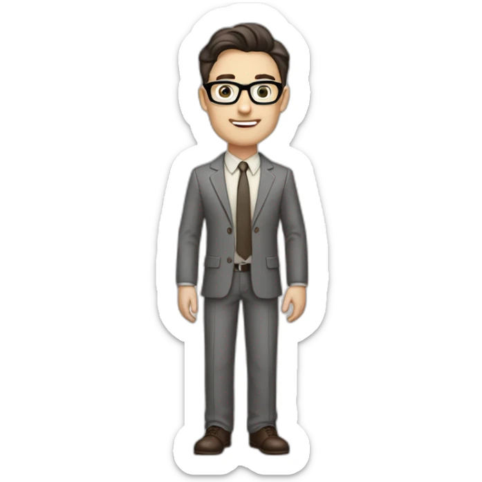 Full height Pale skinned Fit Man With dark brown hair in classic gray suit, beige office shirt, dark gray tie, and vintage glasses. His hands lock sticker