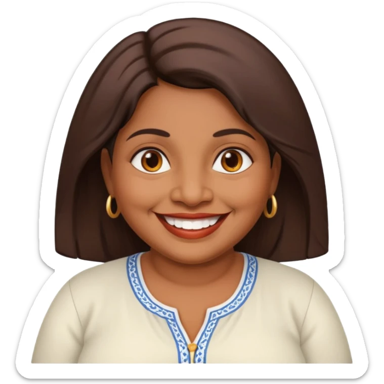 50 yr old chubby Sri Lankan woman, dark skin, straight brown hair, big smile, white teeth, european clothes, hair sticker