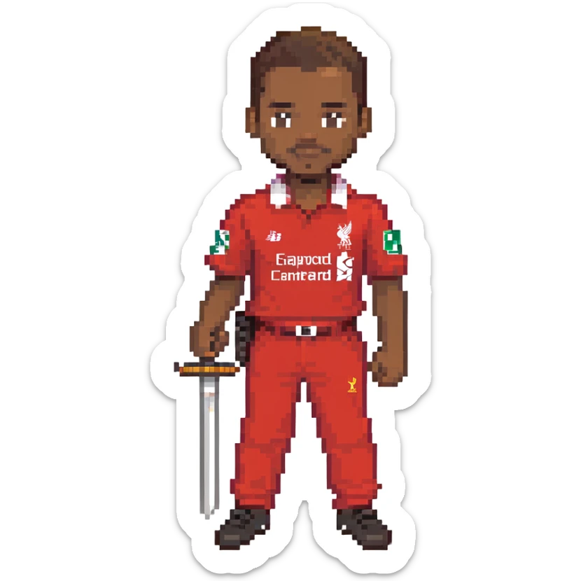 A black man holding a sword, wearing a Liverpool FC shirt and trousers sticker
