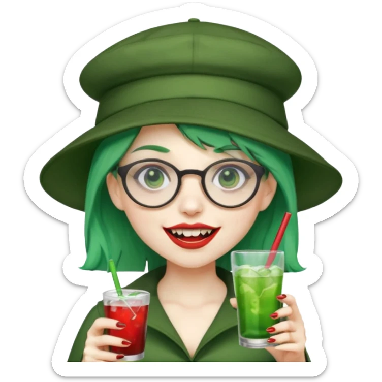 vampire green hair Drink holders with hat, wearing glasses, female,,teeth looks like vampire sticker