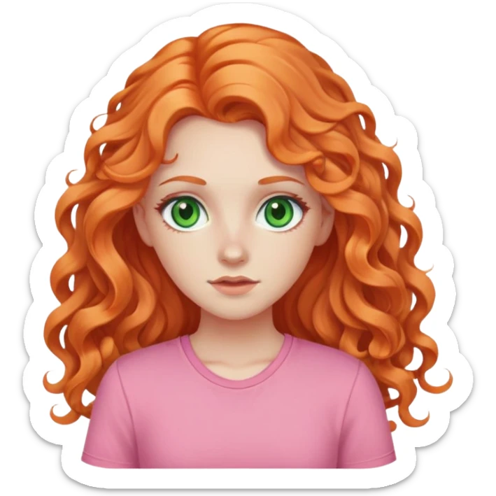 white pale girl with long curly orange hair, green eyes, pink shirt sticker