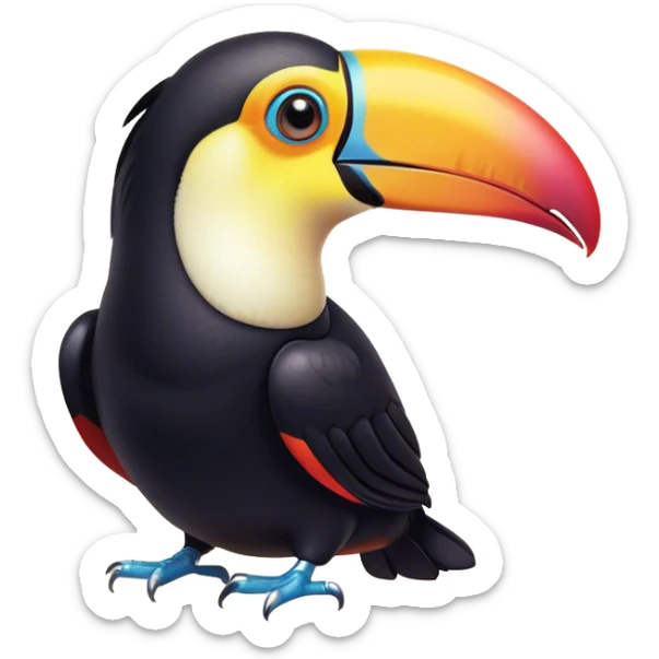 Cinematic Cute Toucan Portrait Emoji, Head tilted playfully and inquisitively, with a delightfully vibrant beak and round, sparkling eyes filled with tropical charm, Simplified yet irresistibly adorable features, highly detailed, glowing with a warm, inviting tropical glow, high shine, affectionate and lively, stylized with a touch of whimsical exotic flair, soft glowing outline, capturing the essence of a mischievous yet loving toucan that seems as if it could flutter out of the screen into your arms! sticker