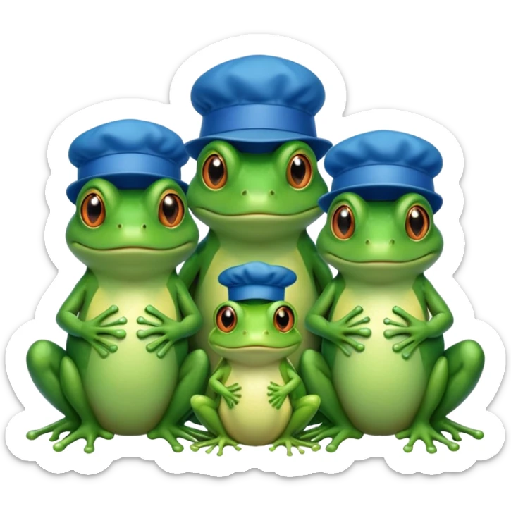 a family of frogs wearing blue hats, parent frogs and baby frogs sticker