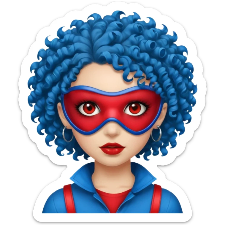 blue curly haired girl with huge earrings, wearing red paintball eye mask , only face  sticker